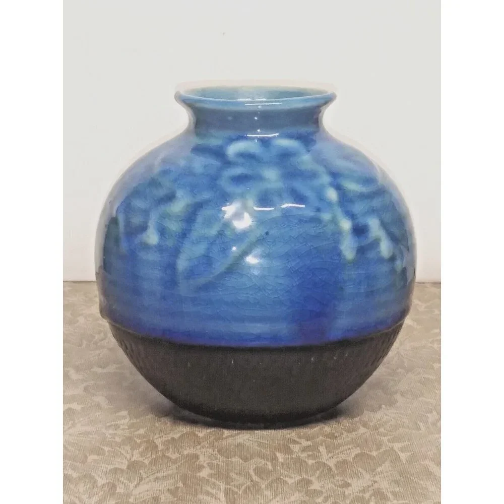 Vietnamese Vase ceramic handcrafted crackle glaze blue brown embossed flower VTG